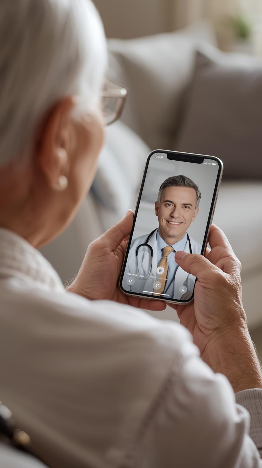Dame imagen tipo fotografía de un adulto mayor atendiéndose vía telemedicina con un médico mediante un celular. En la pantalla del celular se debe ver al médico