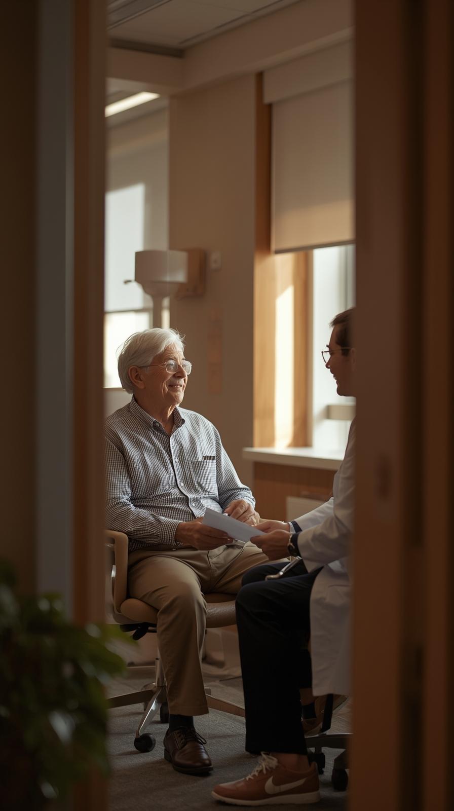 Dame una imagen realista tipo fotografía de un adulto mayor atendiéndose con un doctor en una consulta médica bien iluminada, tonos cálidos y blancos alegres