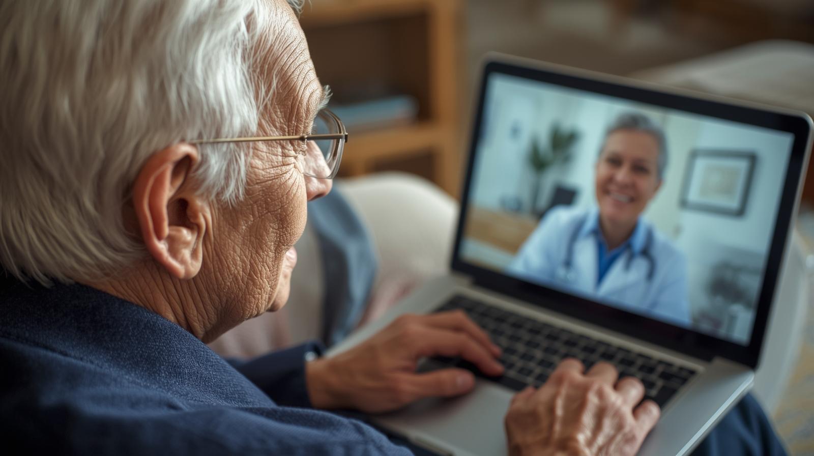 Dame una imagen tipo fotografía de un adulto mayor con un laptop en una sesión de telemedicina. En la pantalla del laptop debe verse un médico atendiéndolo